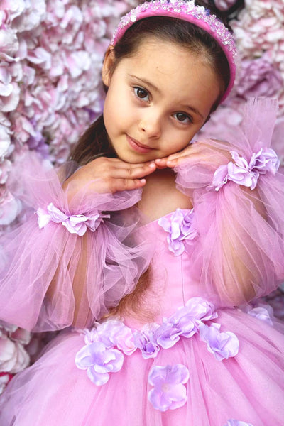 Princess Flower Girl Wedding Party Tulle 3D Floral Floor Length Dress
