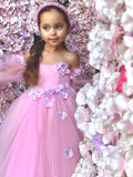 Princess Flower Girl Wedding Party Tulle 3D Floral Floor Length Dress