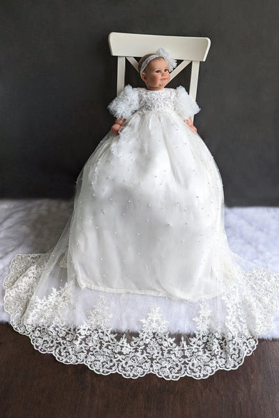 Couture Handmade Baby Pearl Lace And Tulle Christening Heirloom Gown