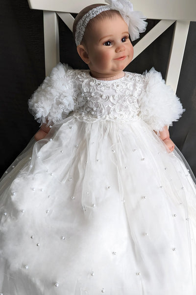 Couture Handmade Baby Pearl Lace And Tulle Christening Heirloom Gown