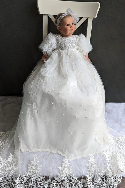 Couture Handmade Baby Pearl Lace And Tulle Christening Heirloom Gown
