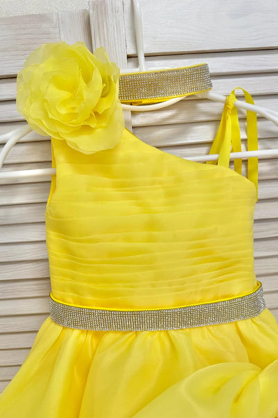 Girls Yellow Organza Pageant Dress Flower Detail