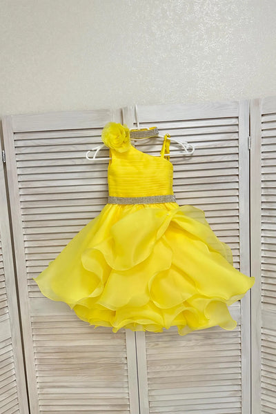 Girls Yellow Organza Pageant Dress Flower Detail