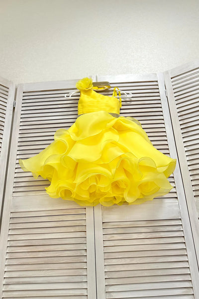 Girls Yellow Organza Pageant Dress Flower Detail