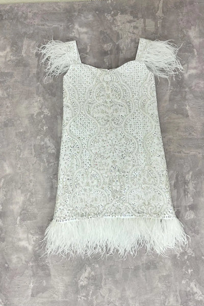 Girls White Crystal Feather Pageant Dress