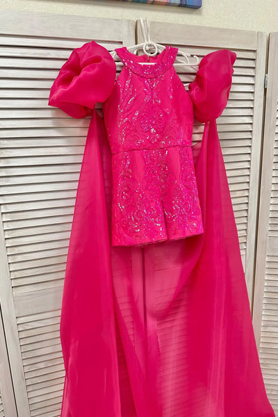 Girls Hot Pink Pageant Romper with Dramatic Cape