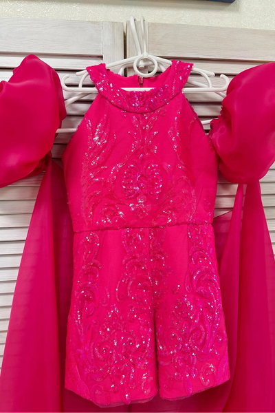 Girls Hot Pink Pageant Romper with Dramatic Cape