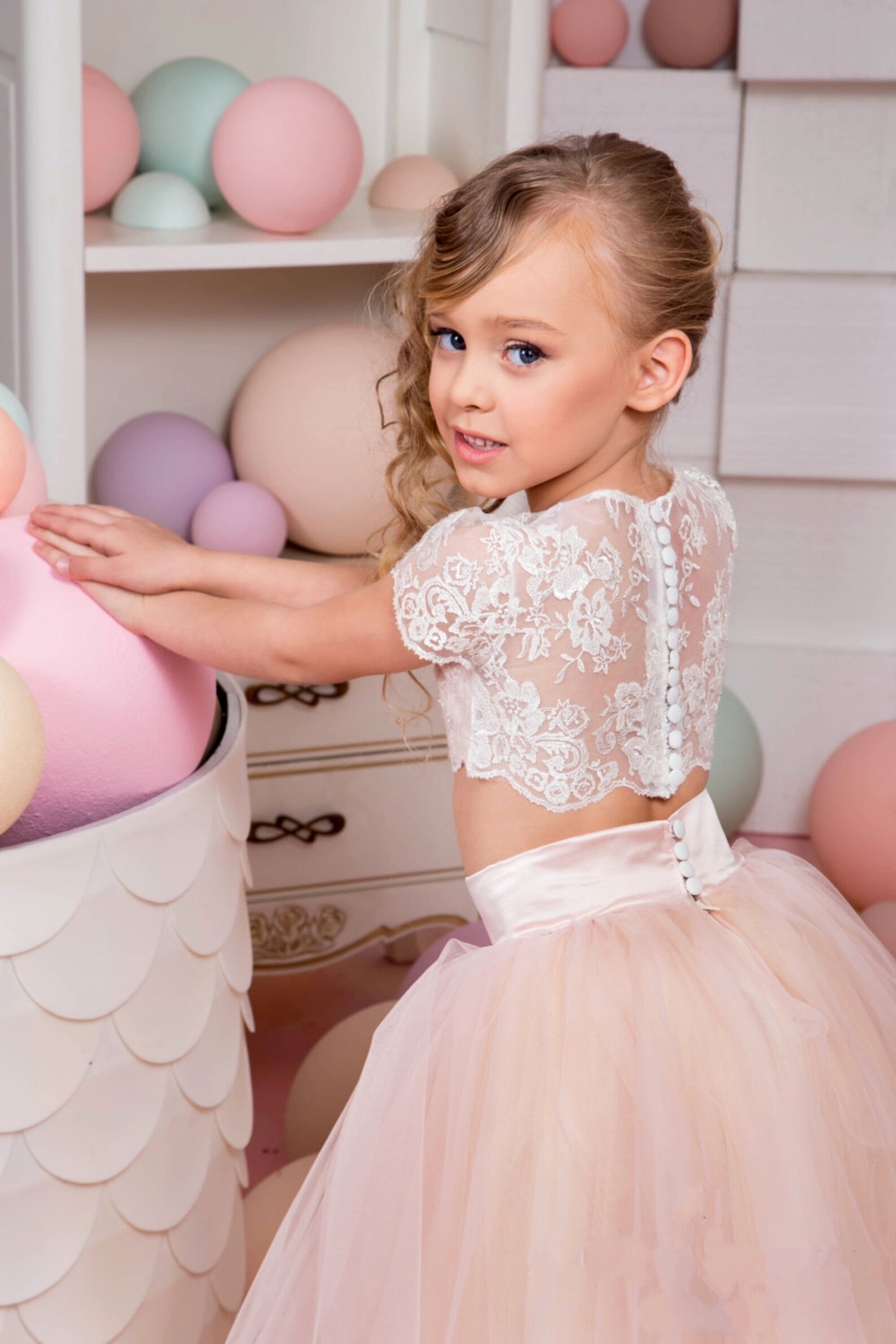 Girls Custom Two Piece Birthday Special Occasion Pageant Party Lace Tulle Outfit