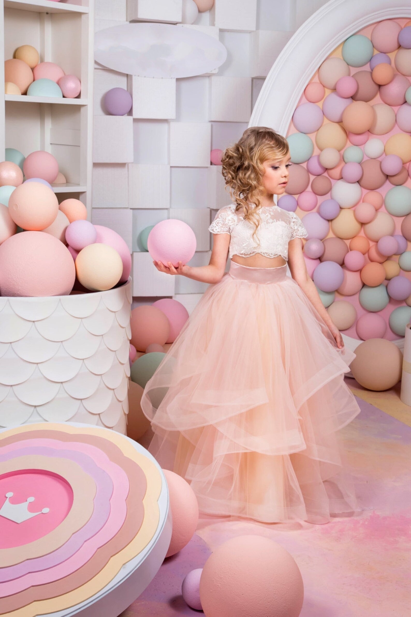 Girls Custom Two Piece Birthday Special Occasion Pageant Party Lace Tulle Outfit