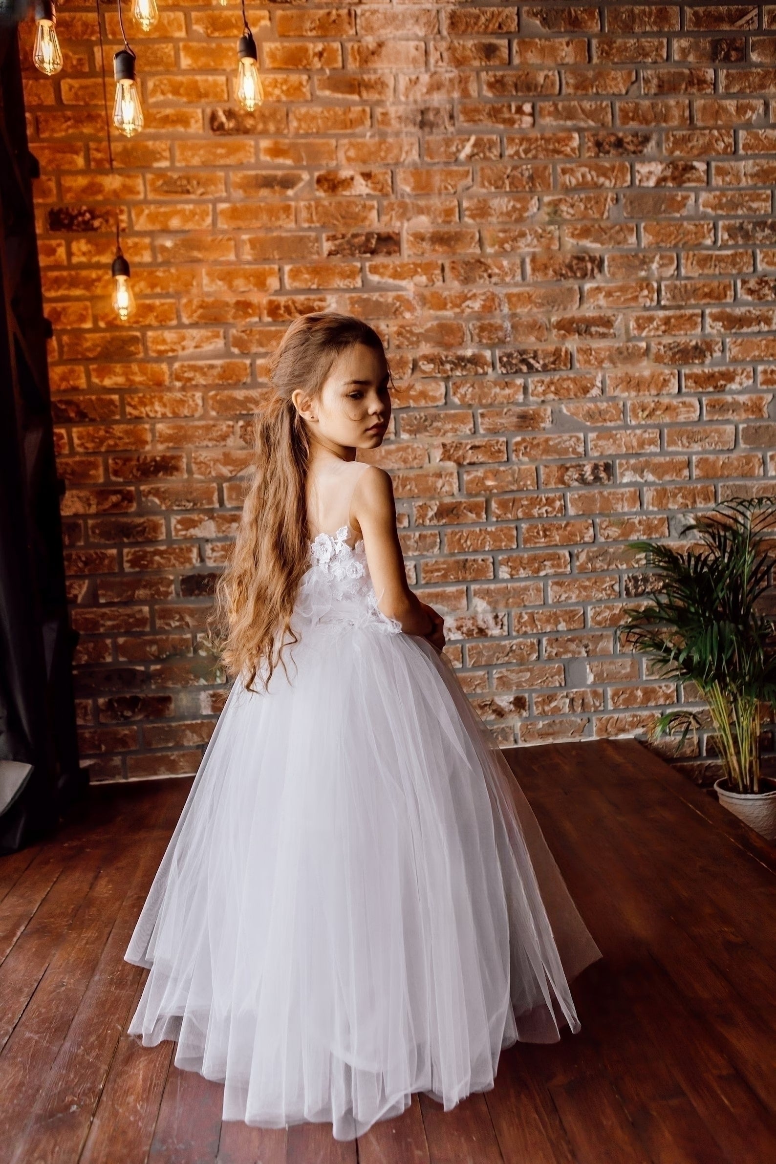 Custom Wedding Flower Girl Wedding Party 3D Floral Lace Satin Floor Length Dress