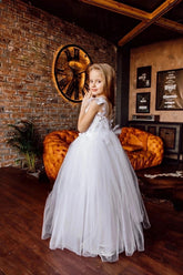 Custom Wedding Flower Girl Wedding Party 3D Floral Lace Satin Floor Length Dress