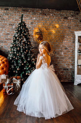 Girls Couture Flower Girl Wedding Party Tulle Floor Length Dress With Lace