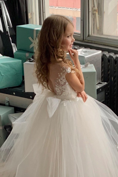 Girls Couture Flower Girl Wedding Party Tulle Floor Length Dress With Lace