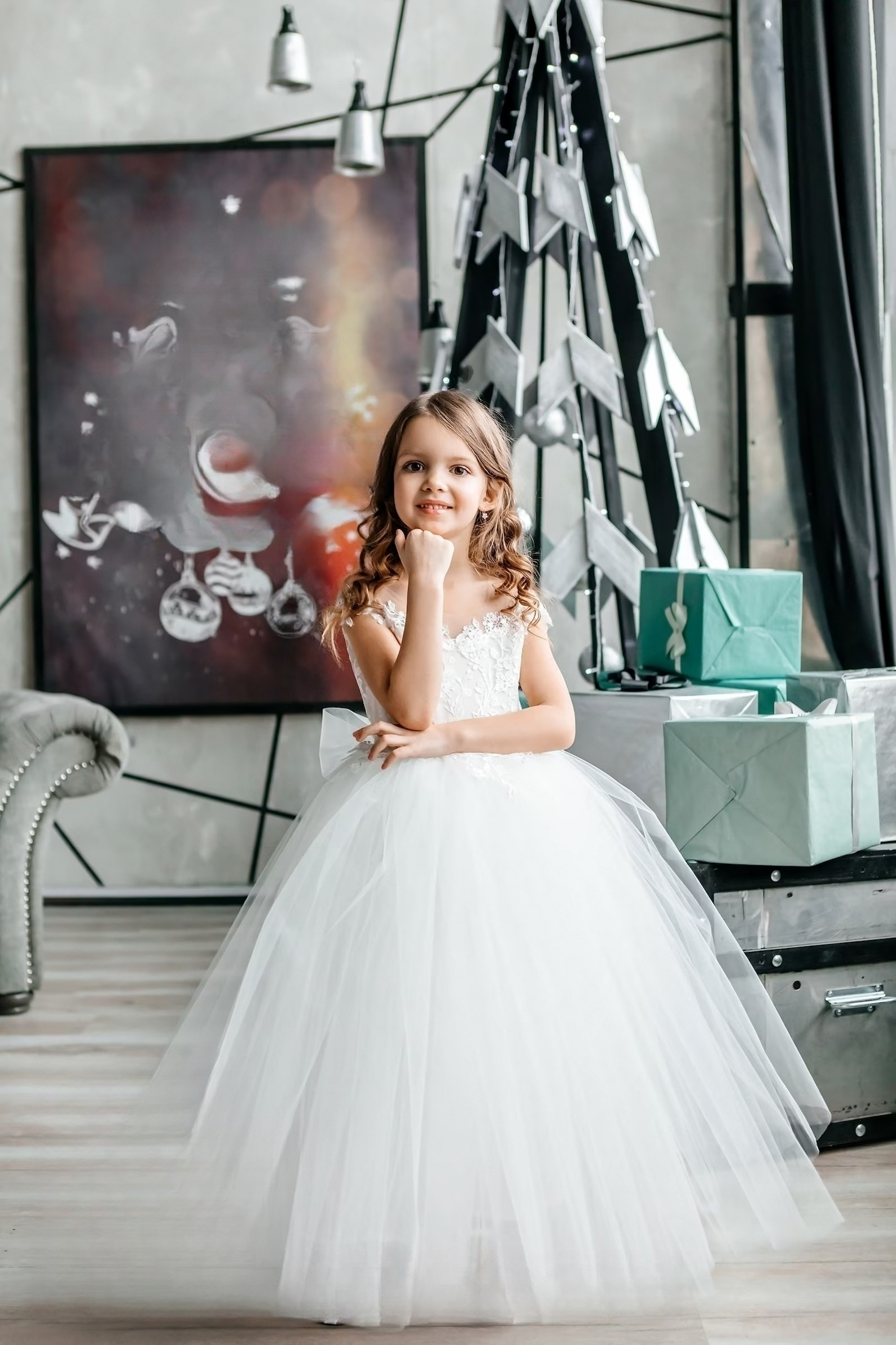 Girls Couture Flower Girl Wedding Party Tulle Floor Length Dress With Lace