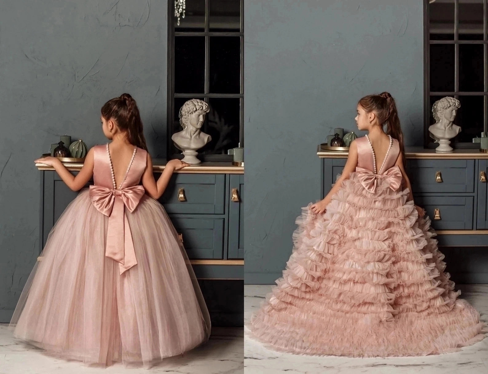 Custom Couture Flower Girl Wedding Party Satin Tulle Floor Length Dress