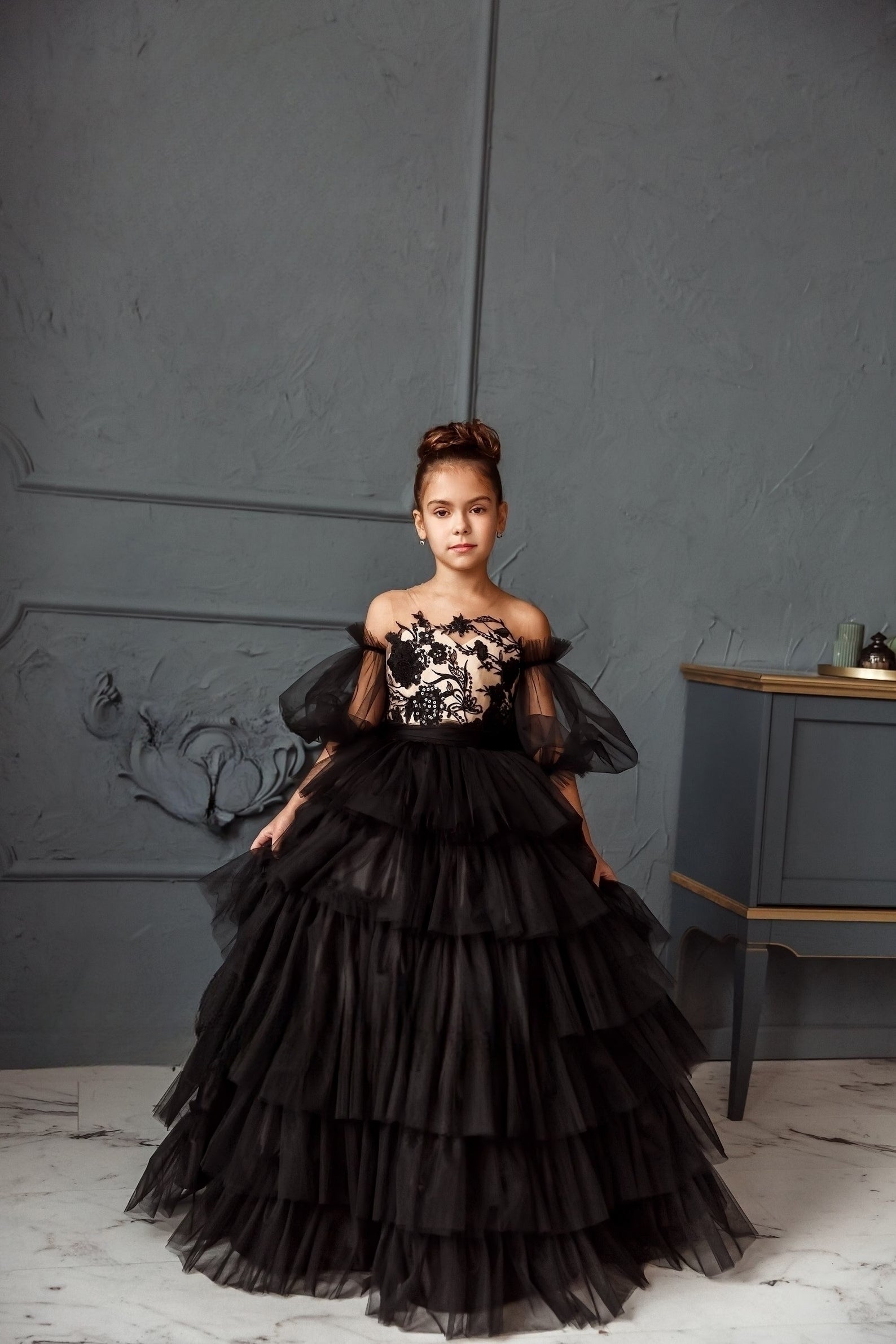 Girls Stunning Lace Tulle Special Occasion Pageant Party Floor Length Dress