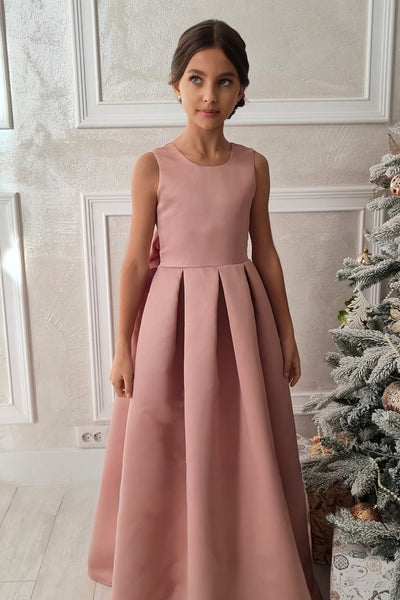 Girls Elegant Custom Couture Satin Floor Length Wedding Party Dress