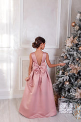 Girls Elegant Custom Couture Satin Floor Length Wedding Party Dress