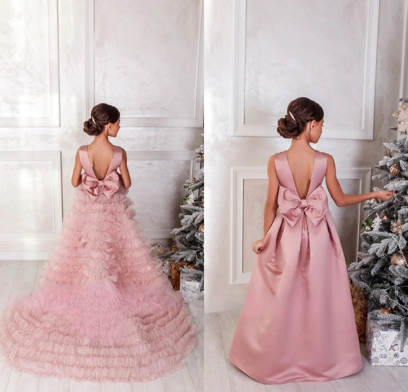 Girls Elegant Custom Couture Satin Floor Length Wedding Party Dress