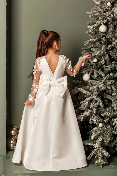 Elegant Satin Lace Wedding Party Communion Flower Girl Gown With Train