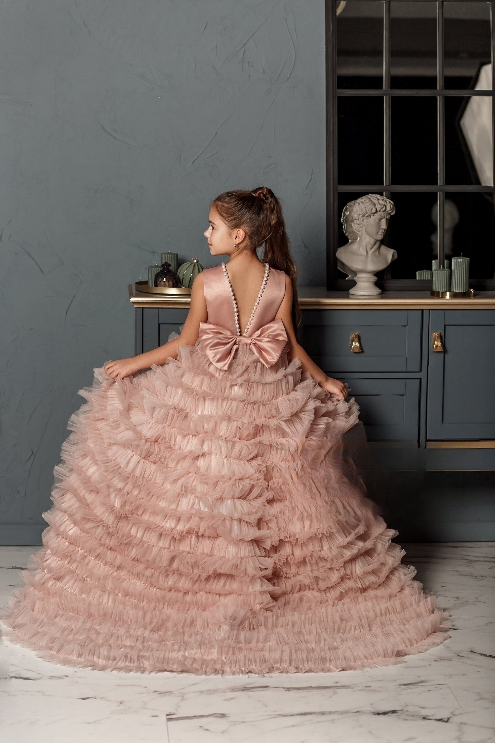 Custom Couture Flower Girl Wedding Party Satin Tulle Floor Length Dress