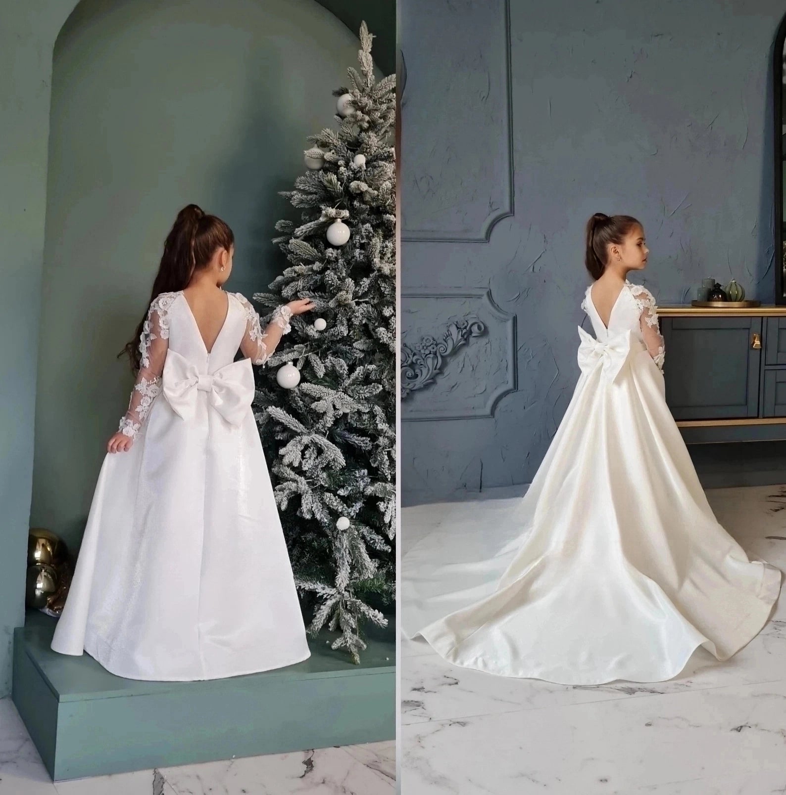 Elegant Satin Lace Wedding Party Communion Flower Girl Gown With Train