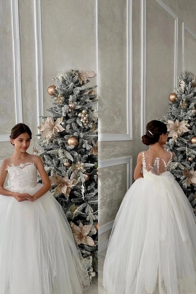 Girls Stunning Lace Tulle Wedding Pageant Party Floor Length Gown