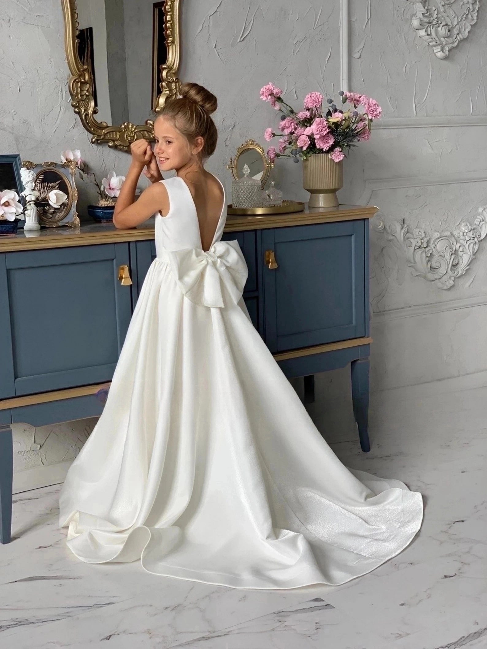 Special Occasion Wedding Communion Flower Girl Party Satin Gown With Train