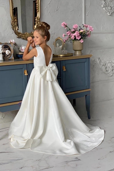 Special Occasion Wedding Communion Flower Girl Party Satin Gown With Train