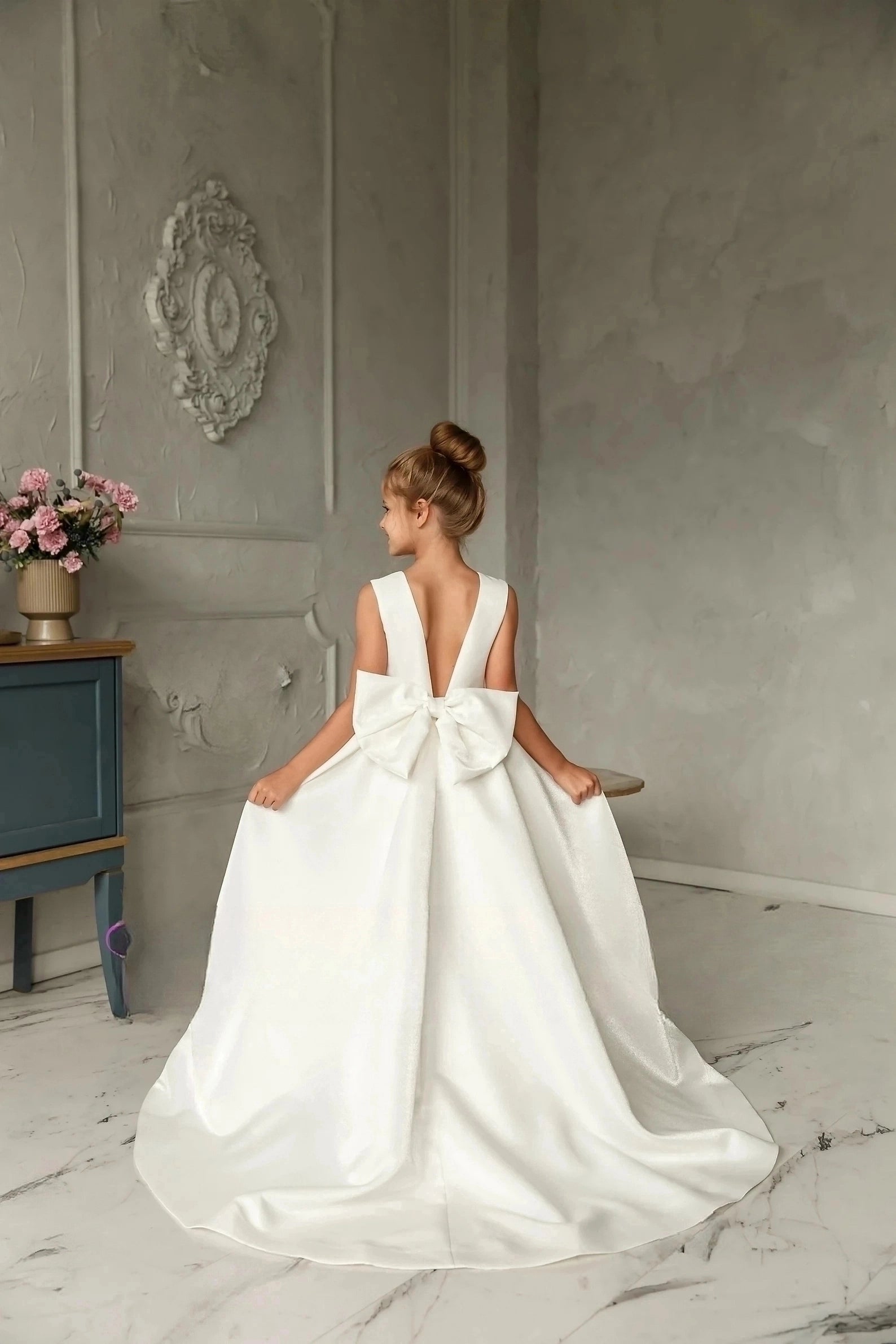 Special Occasion Wedding Communion Flower Girl Party Satin Gown With Train