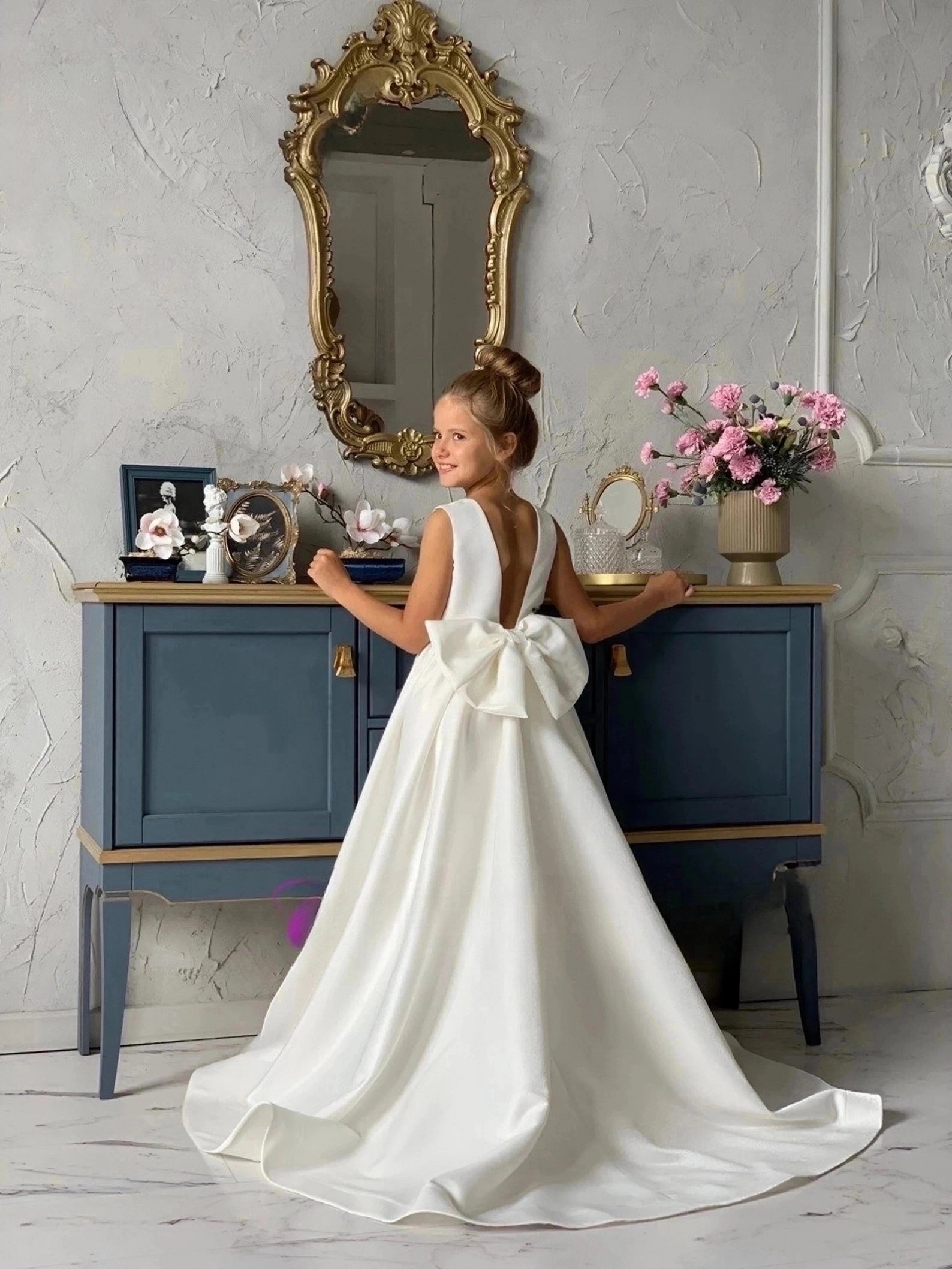 Special Occasion Wedding Communion Flower Girl Party Satin Gown With Train