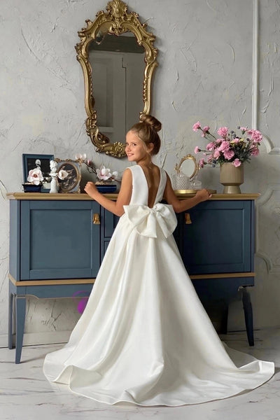 Special Occasion Wedding Communion Flower Girl Party Satin Gown With Train