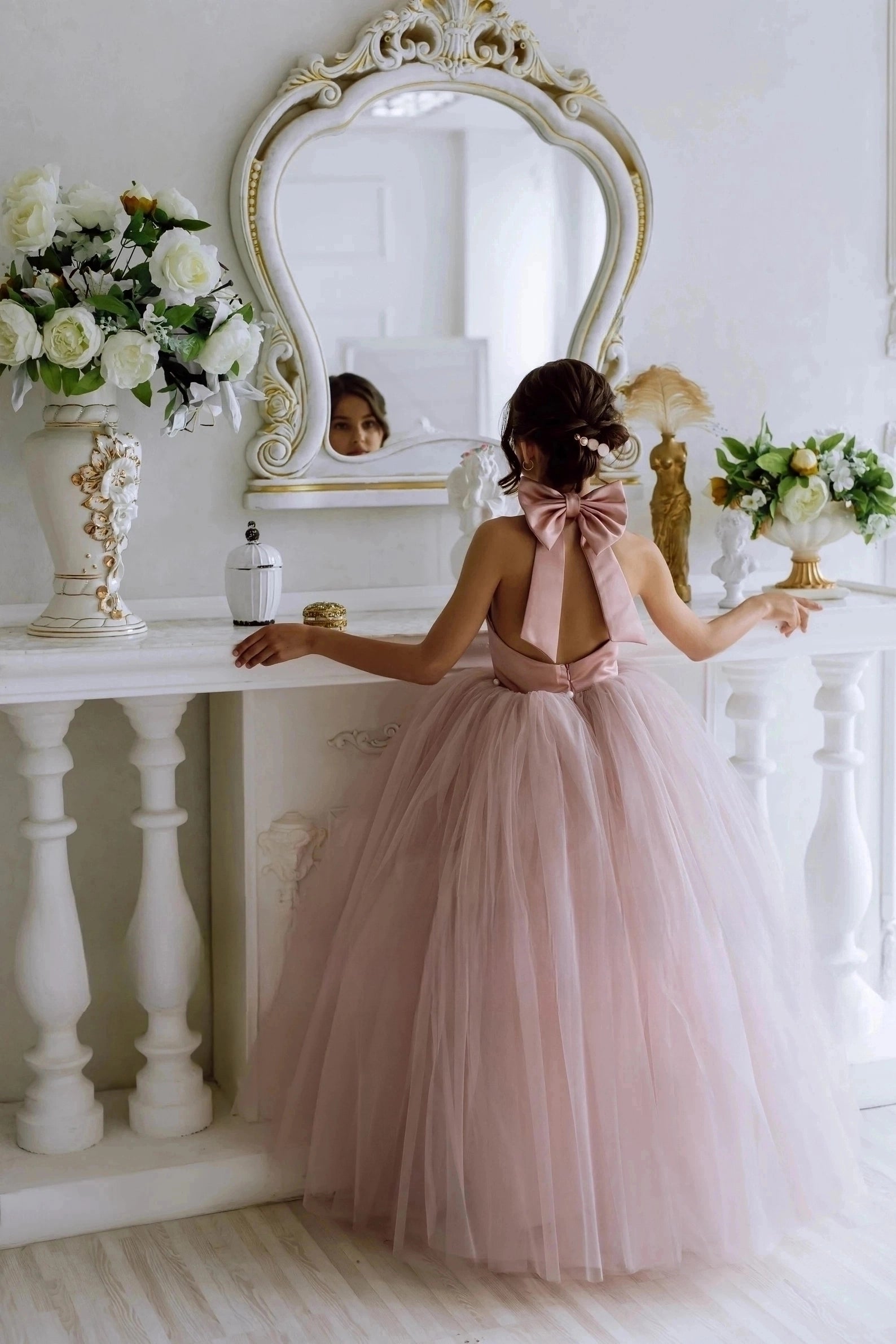 Girls Custom Couture Tulle Satin Wedding Party Flower Girl Floor Length Dress