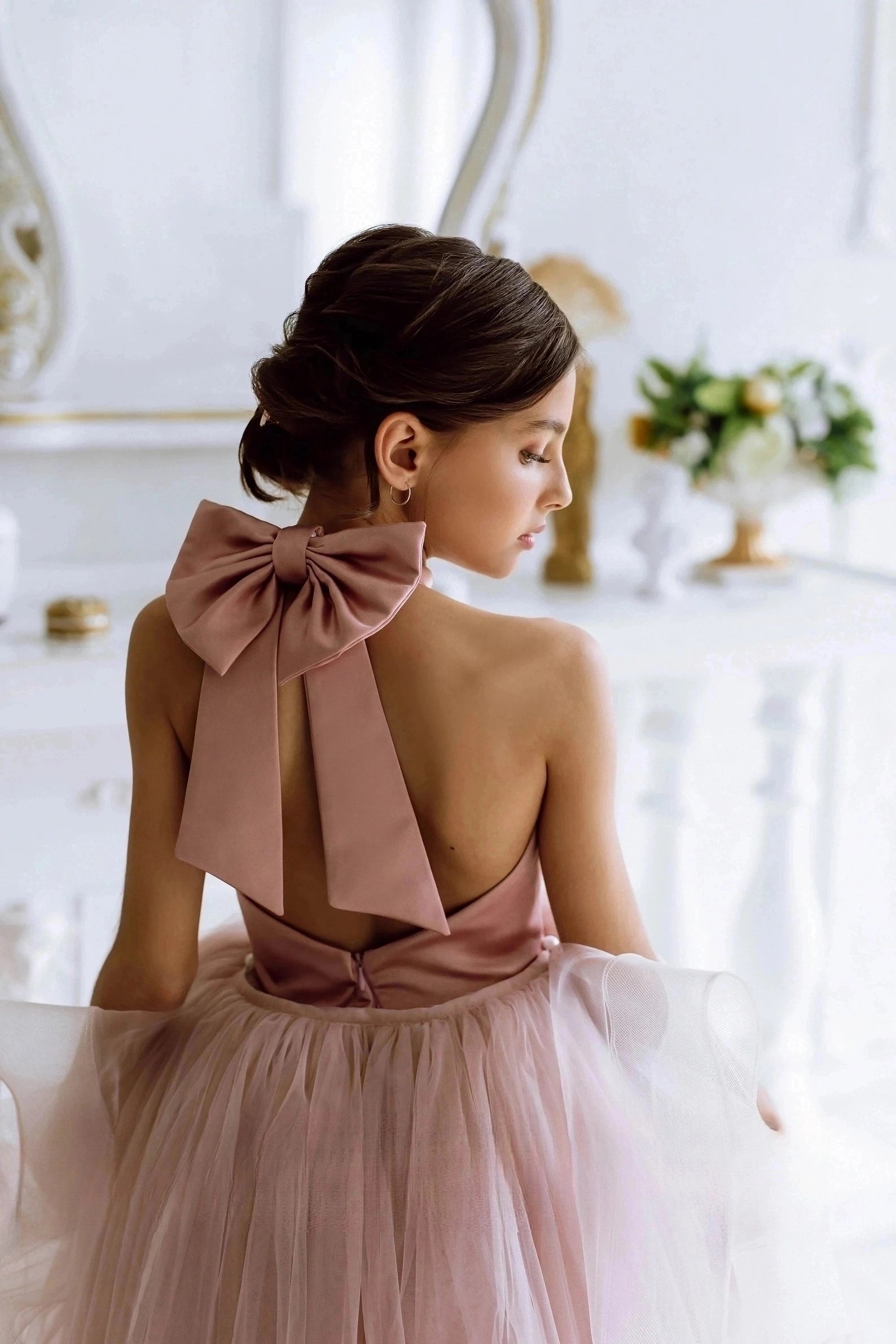 Girls Custom Couture Tulle Satin Wedding Party Flower Girl Floor Length Dress