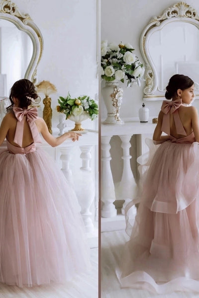 Girls Custom Couture Tulle Satin Wedding Party Flower Girl Floor Length Dress