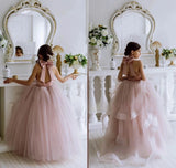 Girls Custom Couture Tulle Satin Wedding Party Flower Girl Floor Length Dress