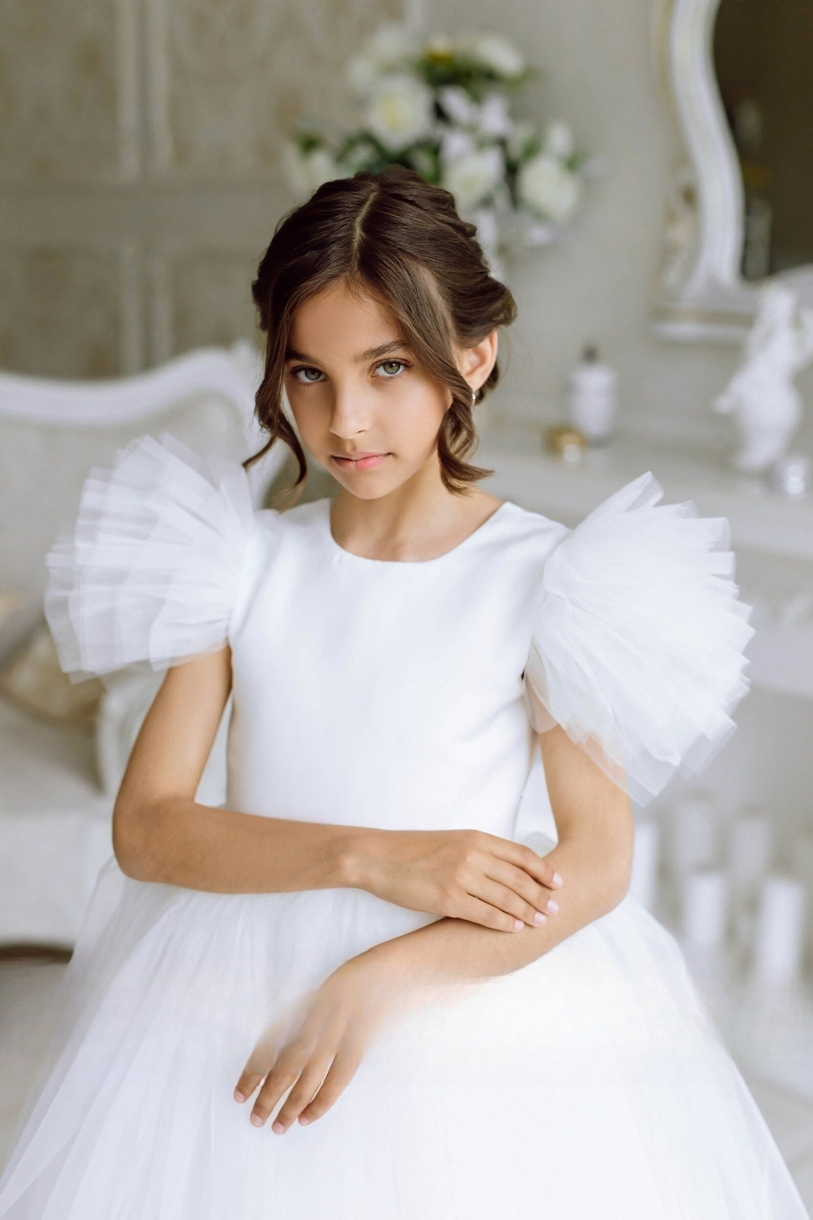 Custom Wedding Party Flower Girl Floor Length Satin Tulle Dress