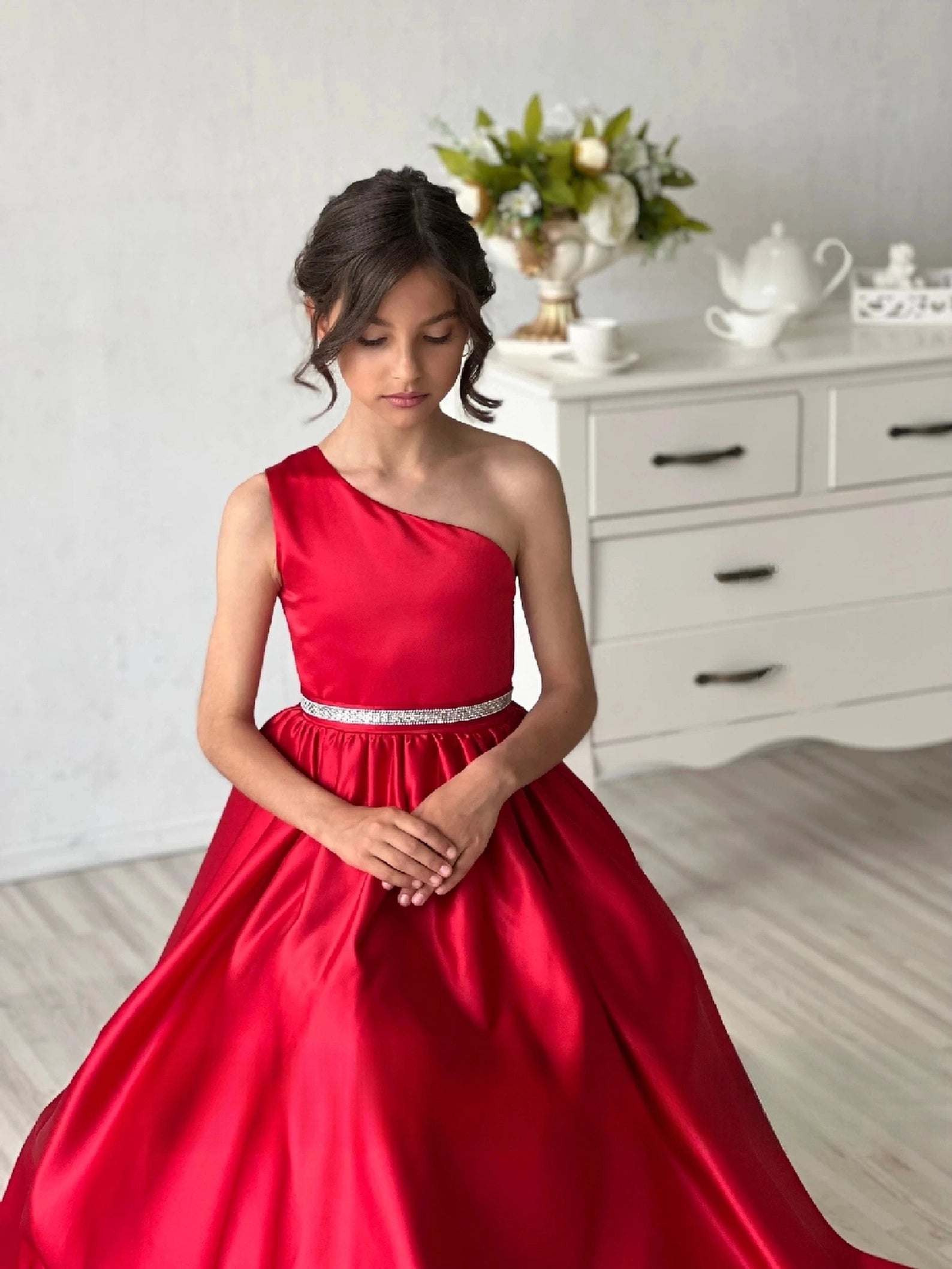 Stunning Red One Shoulder Couture Wedding Flower Girl Satin Gown