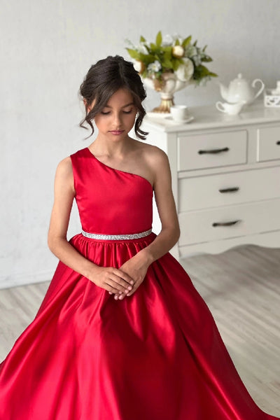 Stunning Red One Shoulder Couture Wedding Flower Girl Satin Gown
