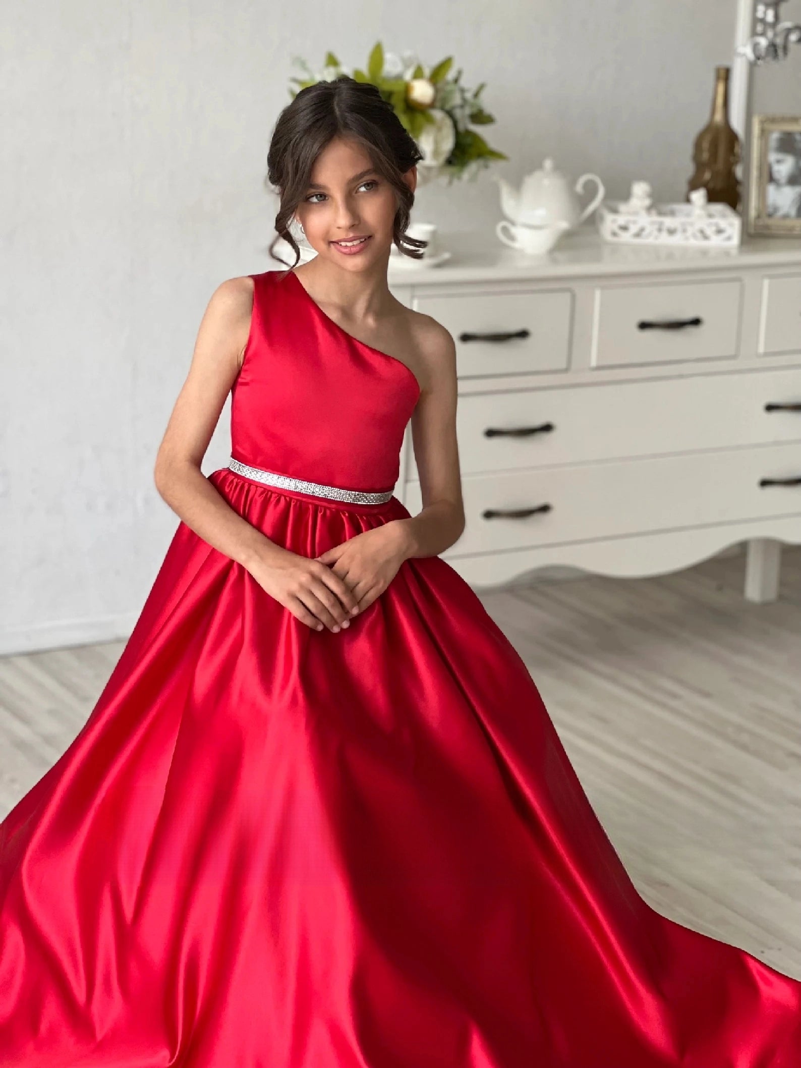 Stunning Red One Shoulder Couture Wedding Flower Girl Satin Gown