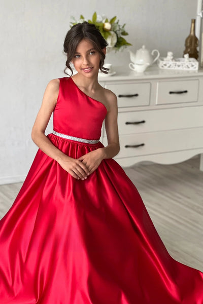 Stunning Red One Shoulder Couture Wedding Flower Girl Satin Gown