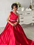 Stunning Red One Shoulder Couture Wedding Flower Girl Satin Gown
