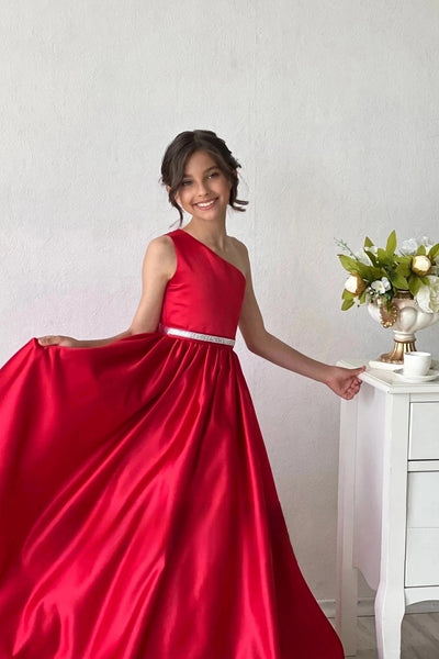 Stunning Red One Shoulder Couture Wedding Flower Girl Satin Gown