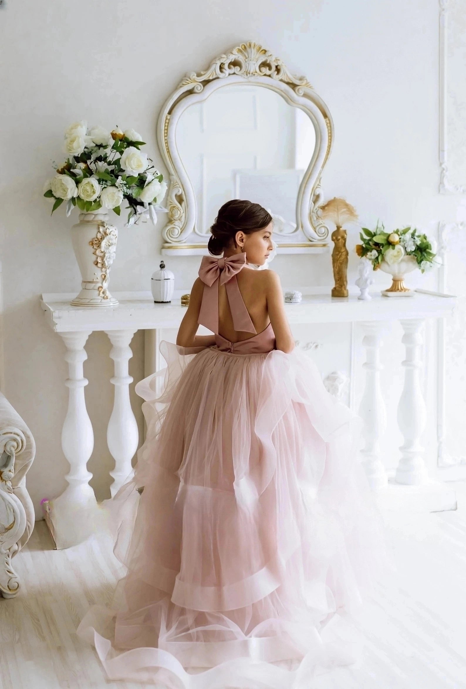 Girls Custom Couture Tulle Satin Wedding Party Flower Girl Floor Length Dress