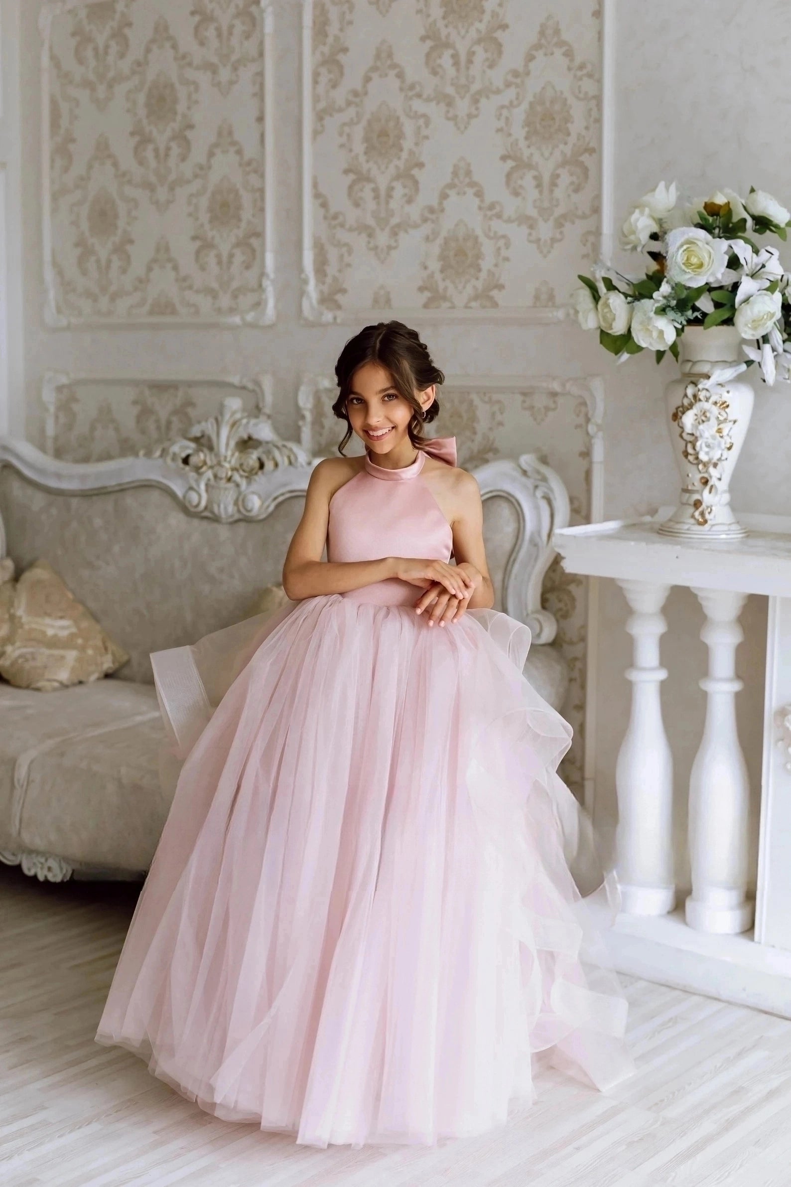 Girls Custom Couture Tulle Satin Wedding Party Flower Girl Floor Length Dress