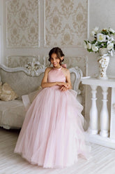 Girls Custom Couture Tulle Satin Wedding Party Flower Girl Floor Length Dress