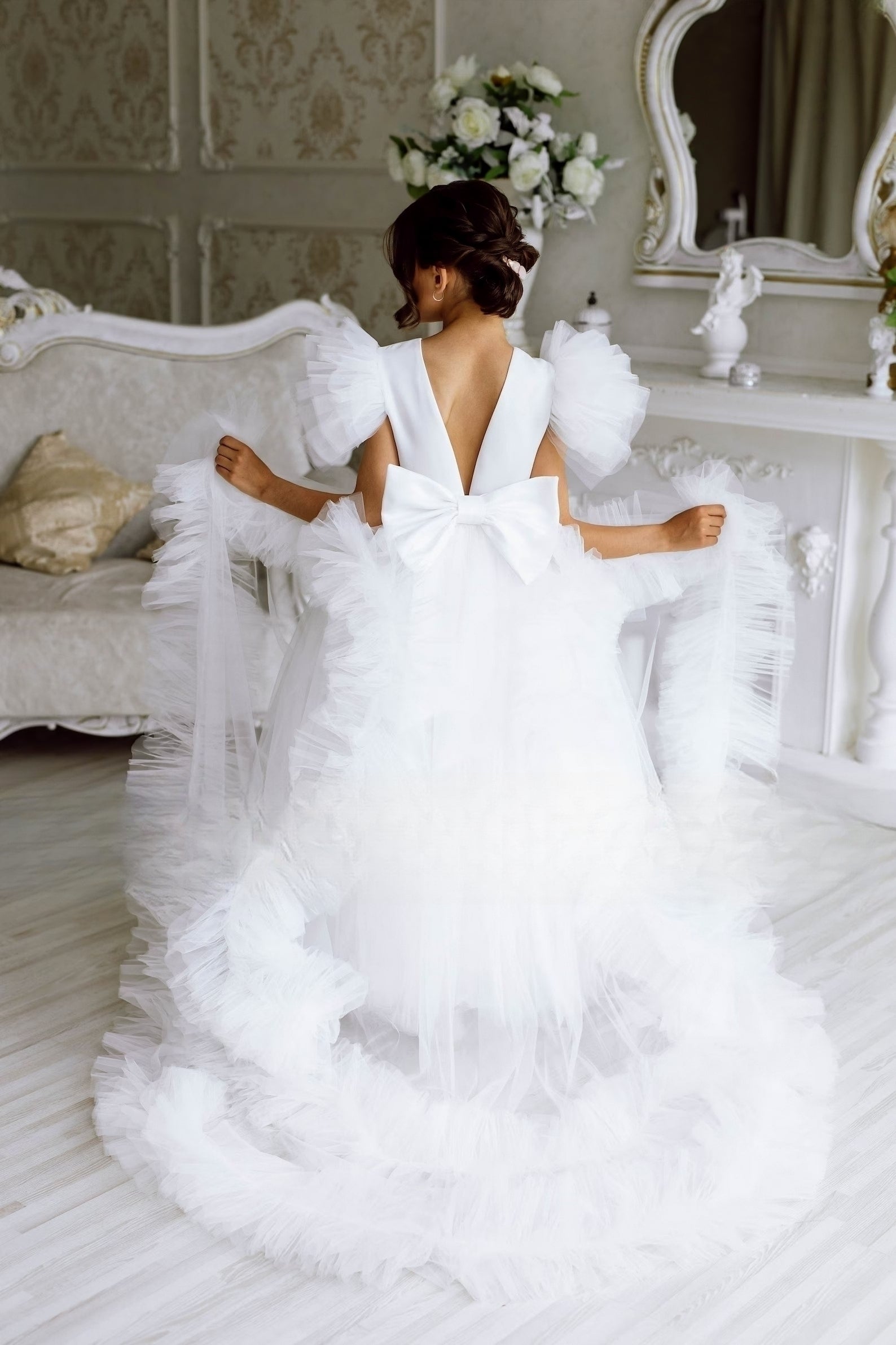 Custom Wedding Party Flower Girl Floor Length Satin Tulle Dress