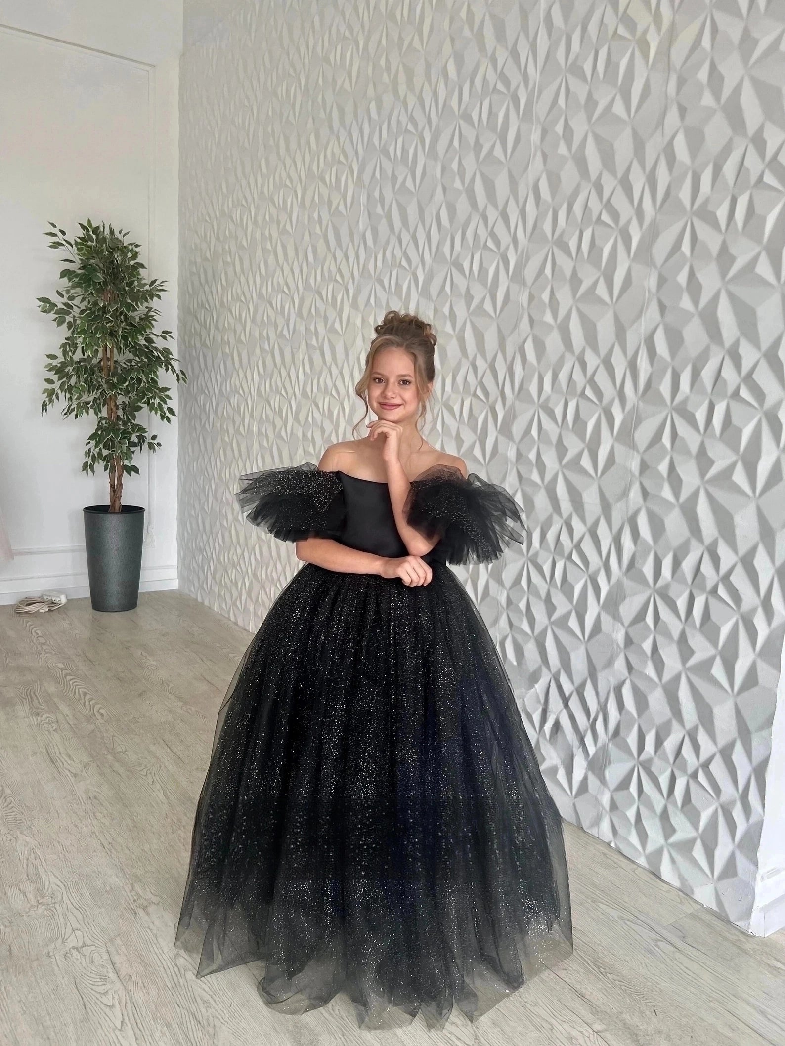 Girls Custom Glitter Tulle Satin Special Occasion Pageant Party Floor Length Dress