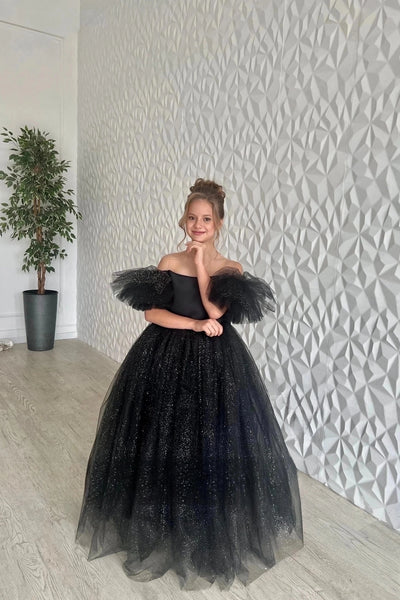 Girls Custom Glitter Tulle Satin Special Occasion Pageant Party Floor Length Dress