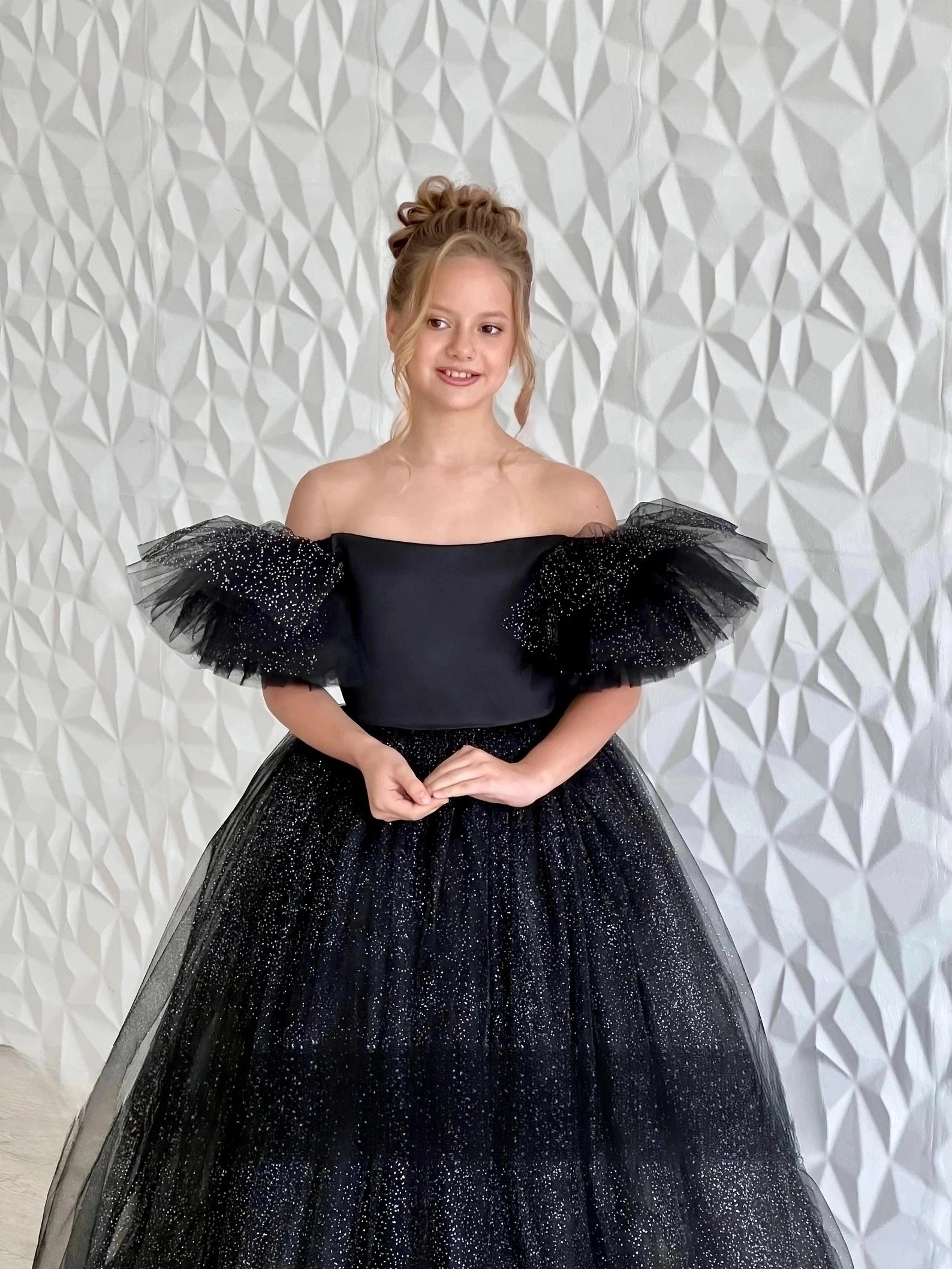 Girls Custom Glitter Tulle Satin Special Occasion Pageant Party Floor Length Dress